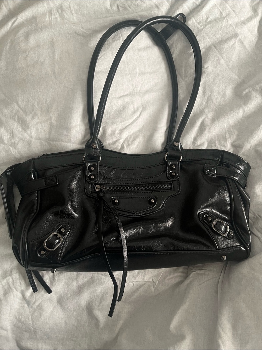 Faux Leather Black Moto Women's Shoulder Bag